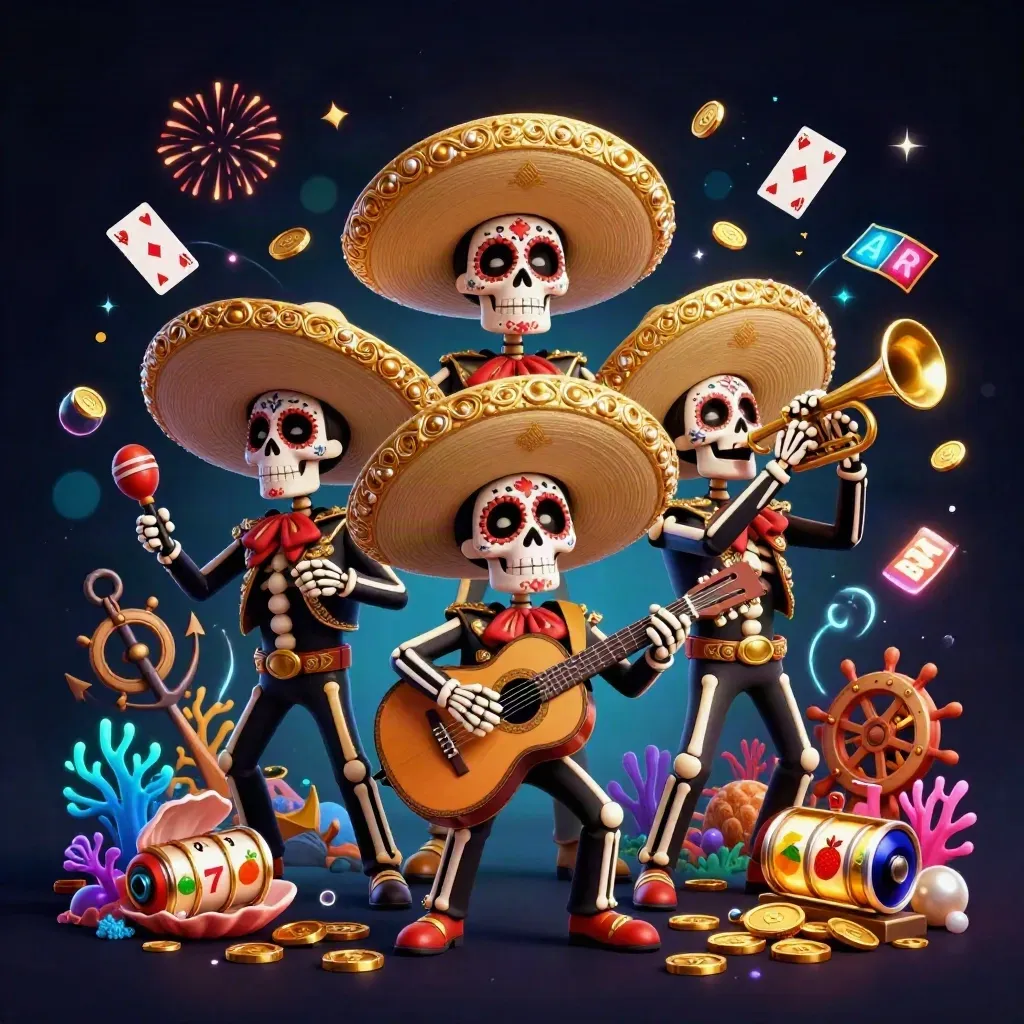 Day-of-the-Dead skeleton mariachi trio amid treasure cove casino chaos and glowing neon effects