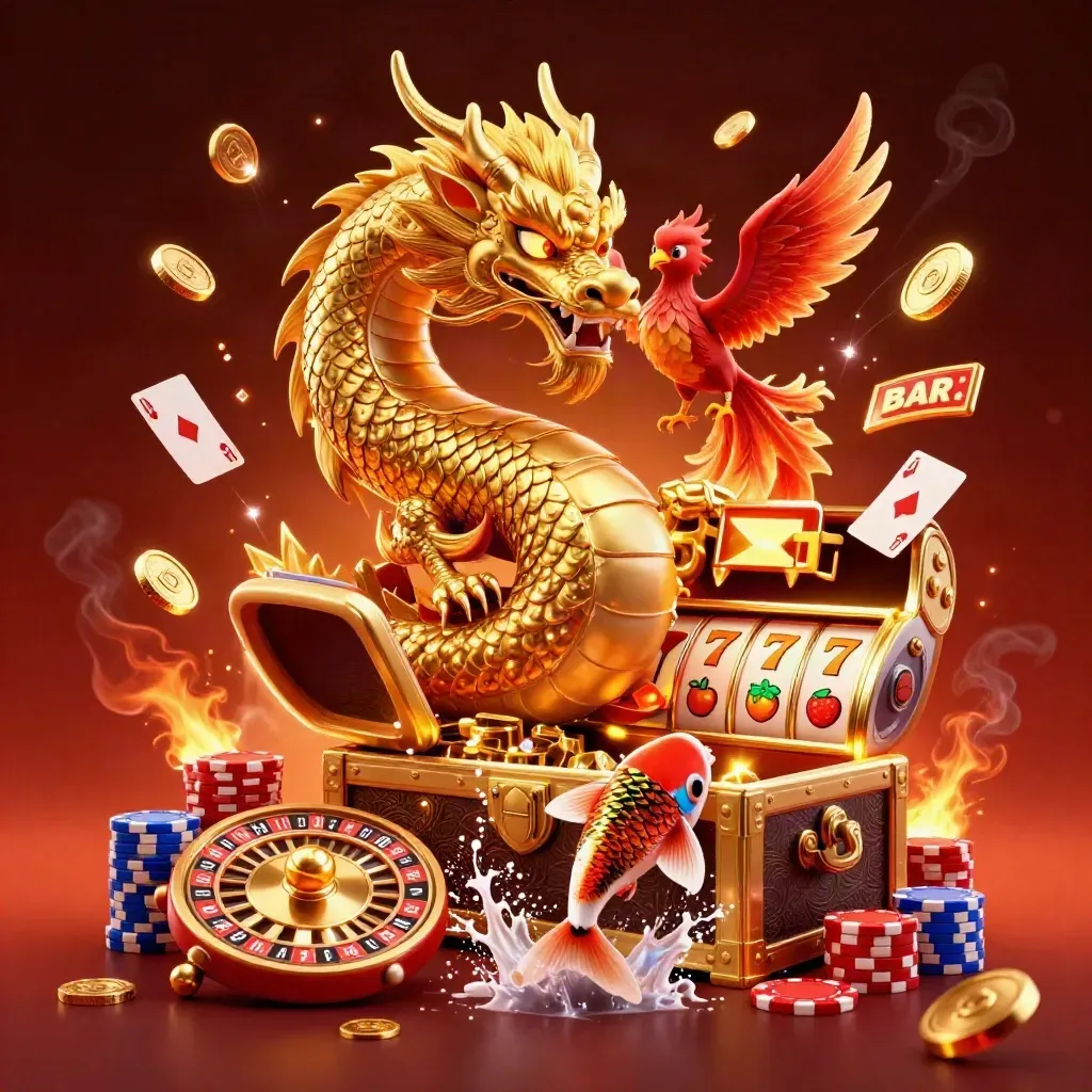 Golden dragon, phoenix, and koi amid casino riches, glowing with coins, cards, reels, and chips.