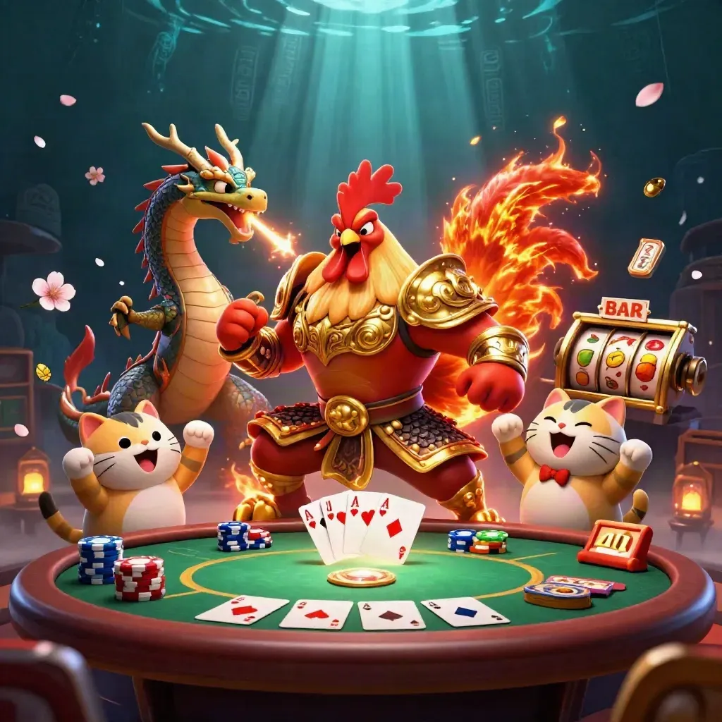 Rooster warrior, dragon hatchling, and fortune-cat amid casino symbols and glowing underwater light