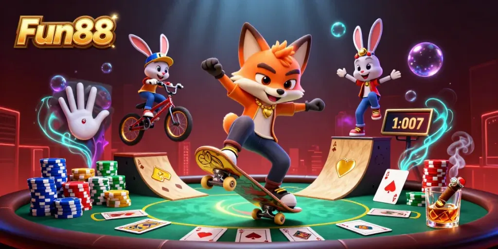 Fun88 skateboarder fox performs tricks over poker chips, encapsulating vibrant casino excitement.