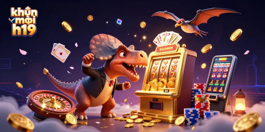 Experience khuyến mãi h19 with a cartoon dinosaur delightfully headbutting a slot machine for jackpots