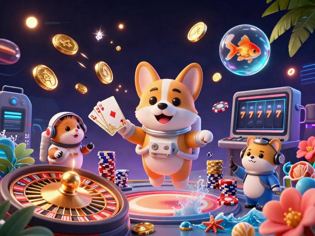 8XBET's vibrant gaming scene with a floating astronaut corgi, golden coins, and exciting casino elements in a celestial backdrop.