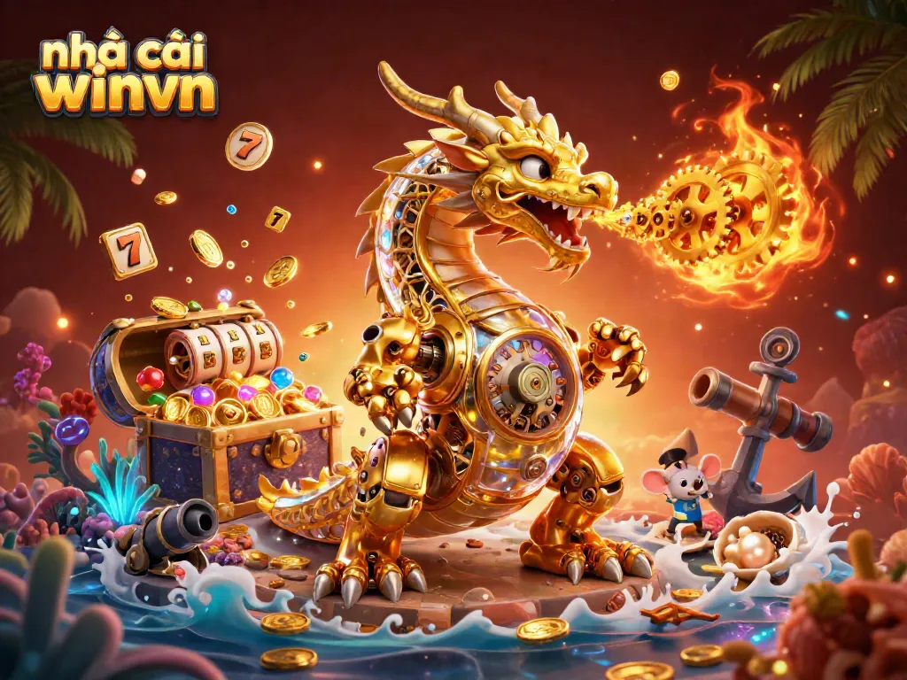 Experience the excitement at nhà cái winvn with a vibrant 3D illustration featuring a golden dragon, slot game elements, and treasures.