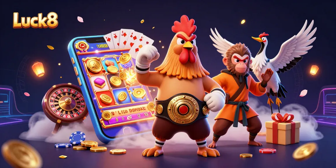 Luck8 enhances gaming excitement with dynamic characters and colorful casino elements in this casino illustration.