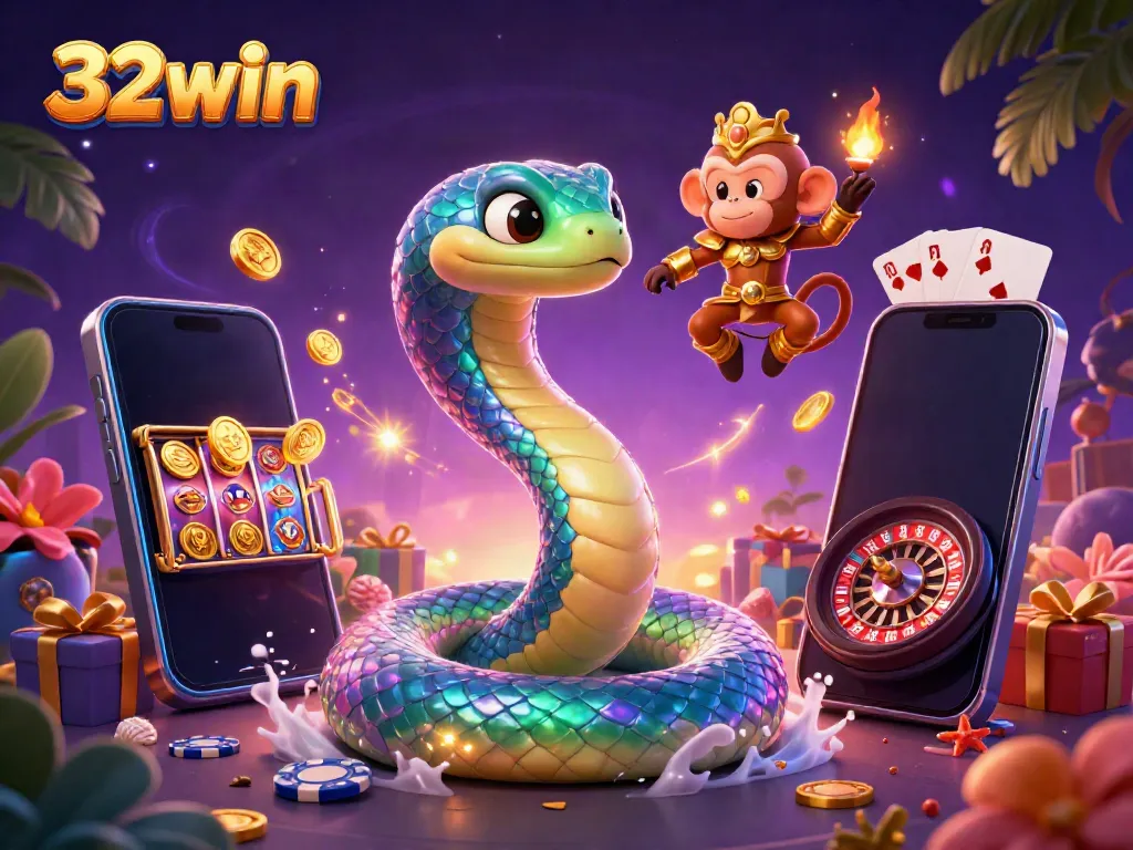 Engage with vibrant 32win gaming atmosphere featuring a playful monkey king and a rainbow serpent amidst exciting casino elements.