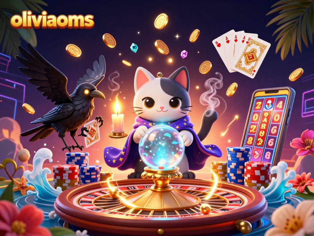 Experience the magic of oliviaooms with a vibrant casino scene featuring fortune teller cats and cascading coins.
