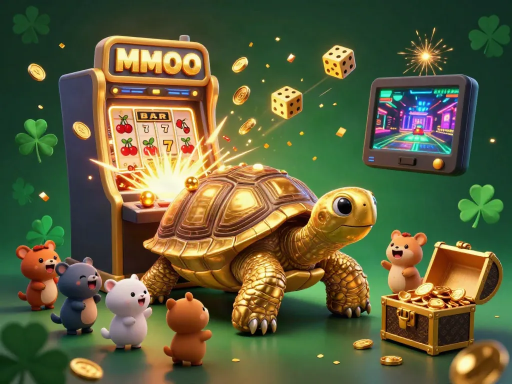 Experience the excitement of MMOO with a vibrant 3D scene featuring a game-playing tortoise, slot machine, and overflowing treasure.