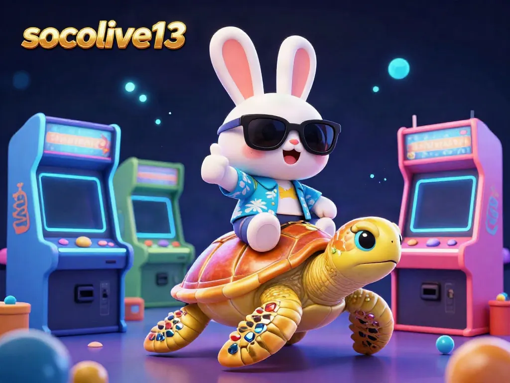 Join the exciting action of socolive13 with dynamic 3D visuals showcasing a lucky rabbit and a golden sea turtle in a casino-themed setting.