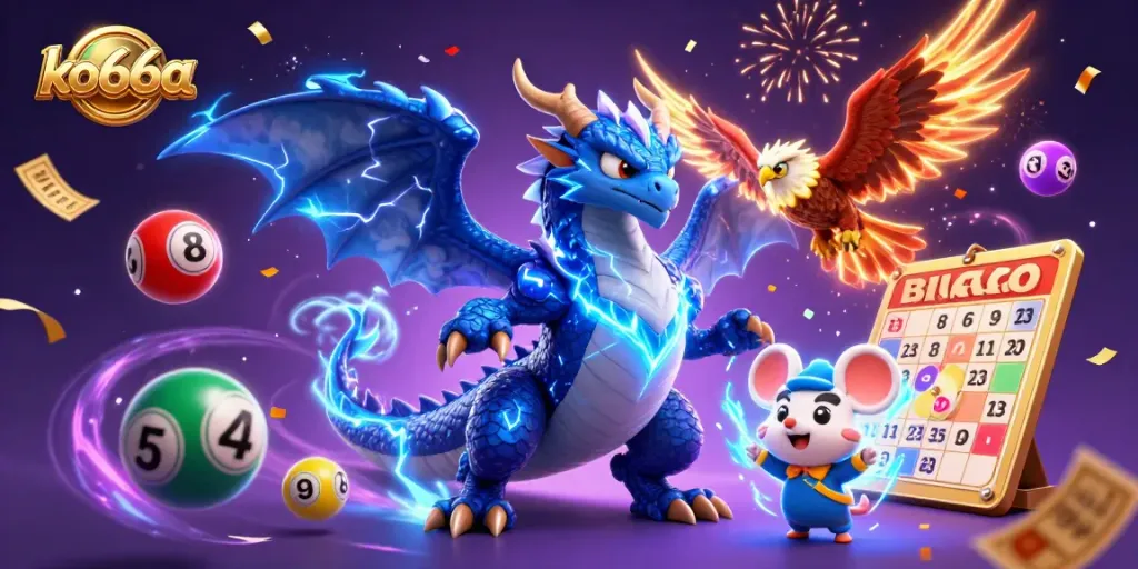 Join the excitement at ko66a with a vibrant 3D illustration of a thunder dragon in a dynamic lottery scene.