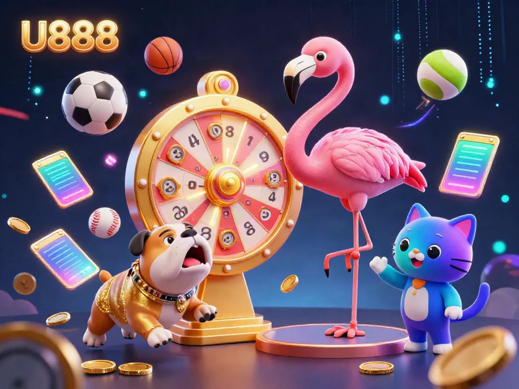 Engage with U888's vibrant casino scene featuring a game show host flamingo, excited bulldog contestant, and scoreboard cat assistant.