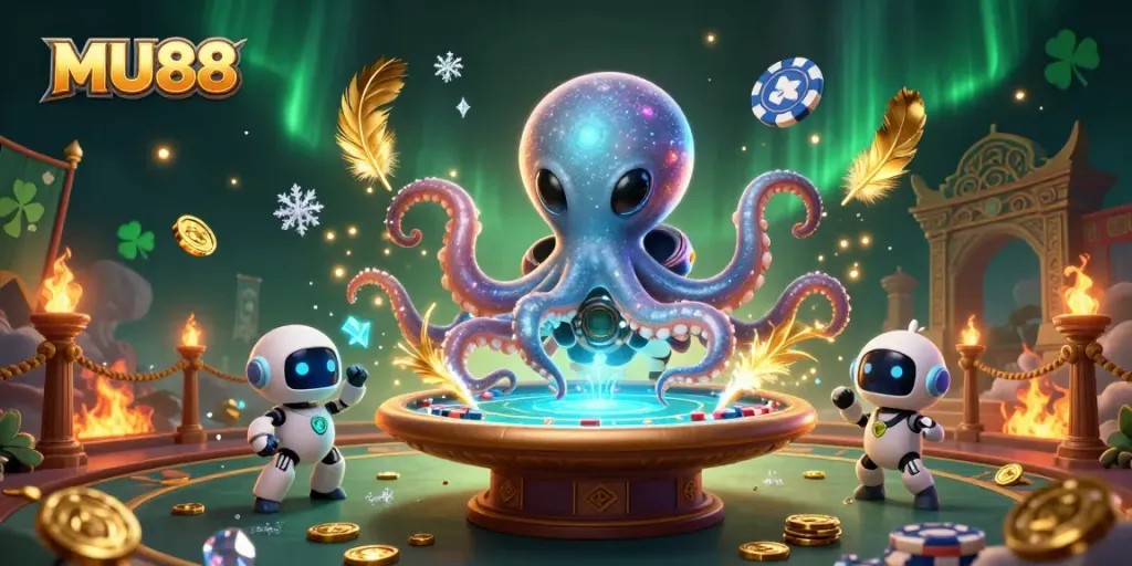 Experience MU88's thrilling alien poker game with vibrant cosmic elements and dynamic gaming scenes.