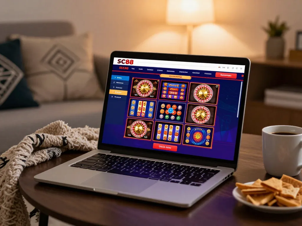Engaging scene of SC88 online gaming setup showcasing various casino options and a cozy atmosphere