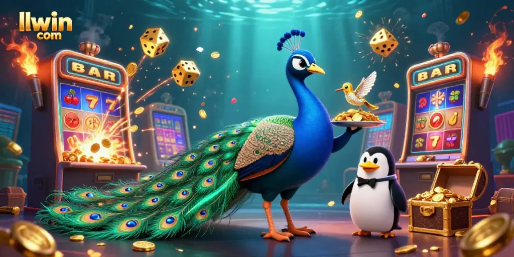 Experience the thrill of llwin com with a vibrant casino scene featuring a peacock and penguin.