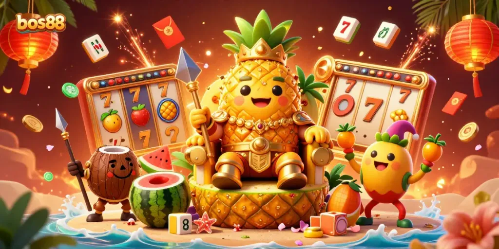 Bos88 delivers excitement with colorful characters and slot reels creating a festive casino atmosphere.