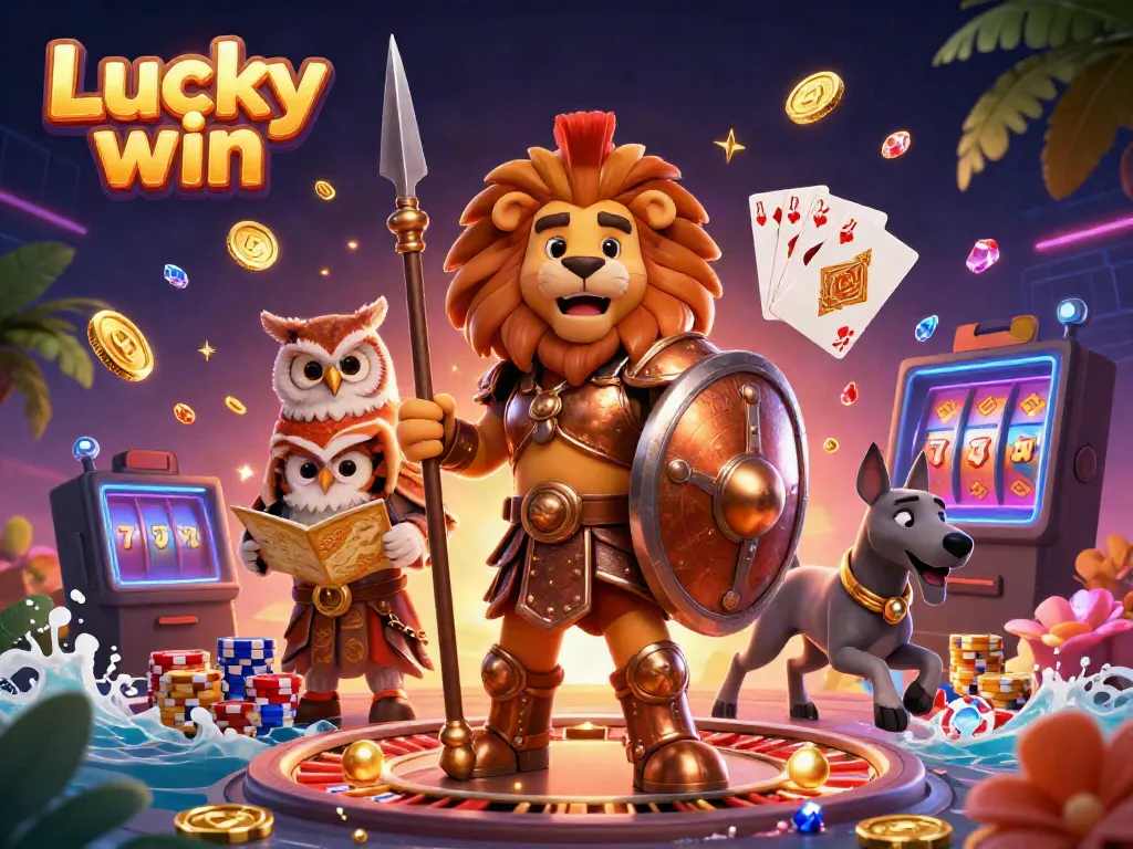 Engage with Lucky win through a vibrant casino scene featuring characters and dynamic gaming elements.