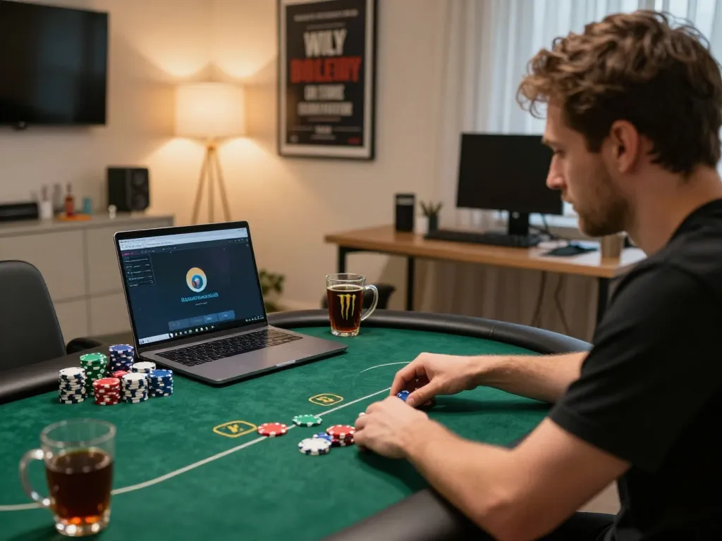 Engaging in a vipwin online poker game, showcasing strategic gameplay with chips and a cozy home office setup.