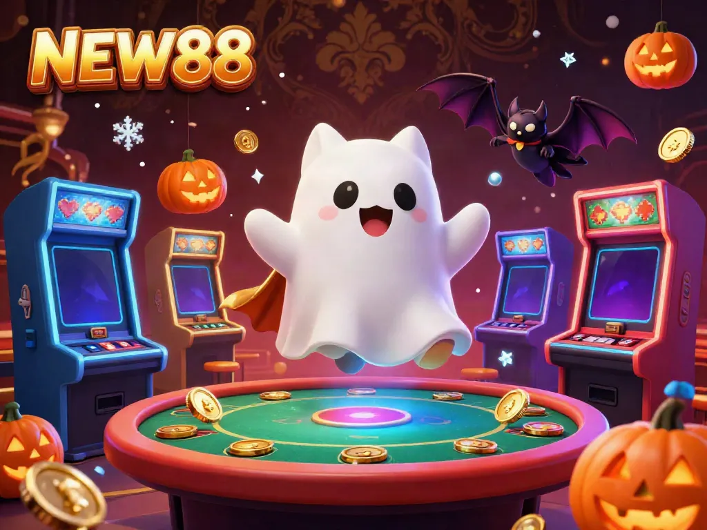 Engaging scene featuring NEW88 with a ghost cat and vampire bat in a lively casino.