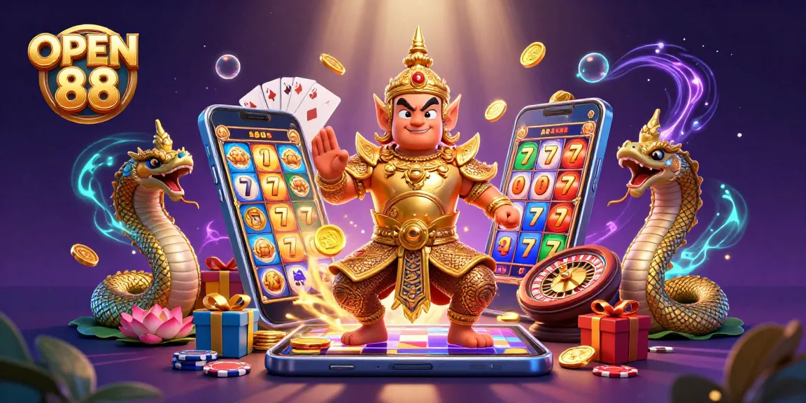 Experience thrilling gameplay at OPEN 88 with a vibrant 3D casino scene featuring a temple guardian and captivating slot elements.