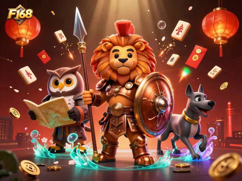 Join the excitement at F168 with the Spartan lion and his team amidst vibrant casino elements.