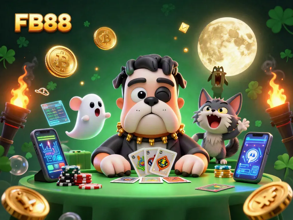 Engage in thrilling betting action at FB88 with a lively scene featuring unique cartoon characters and vibrant casino elements.