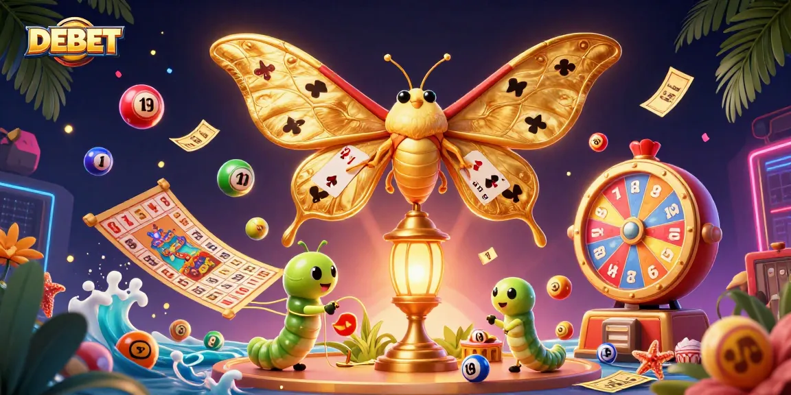 Engage with DEBET's vibrant gaming world, featuring a golden moth and dynamic casino elements.