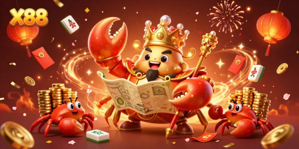Engaging scene of the X88 crab emperor holding treasure, set in a vibrant casino atmosphere.