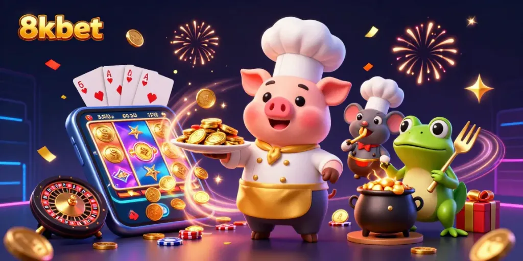 Experience the thrill of 8xbet with gold coins, slot games, and festive elements in this vibrant illustration.