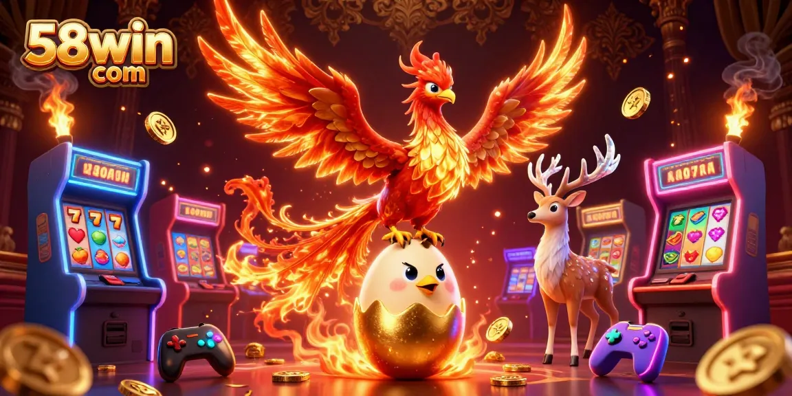 Experience thrilling gaming with 58win com, showcasing vibrant slot machines and enchanting characters.