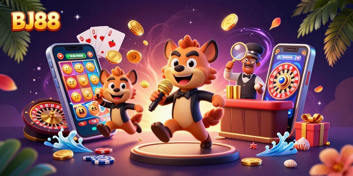 Experience the thrilling world of BJ88 with vibrant gaming elements and engaging characters in a lively casino scene.