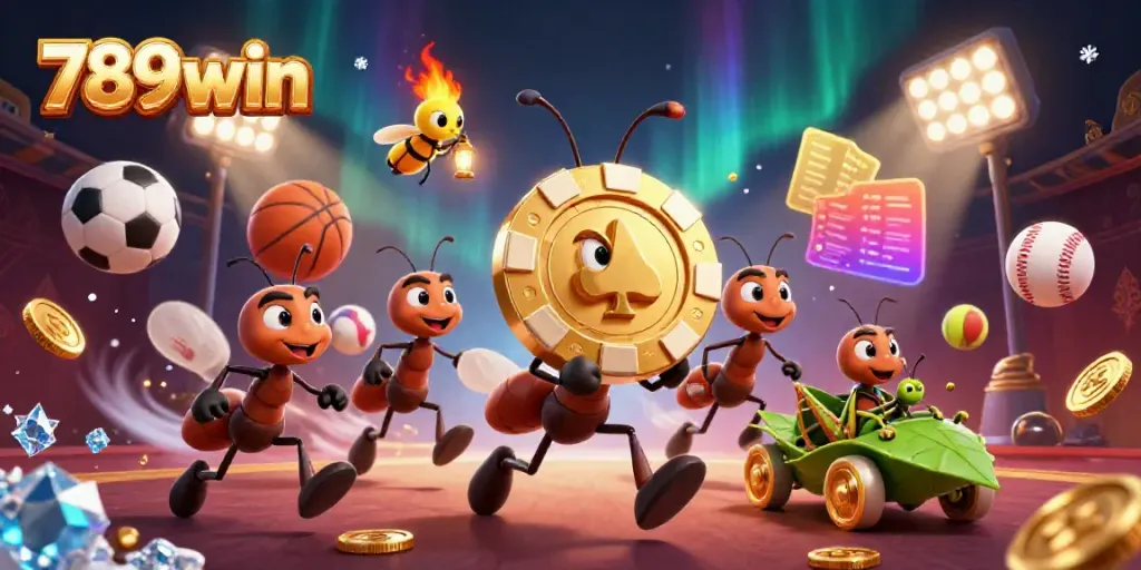 Ants in a heist carrying a golden poker chip at 789win, surrounded by dynamic sports elements.
