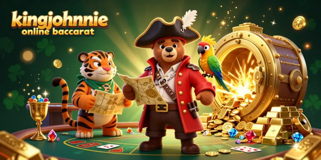 Experience kingjohnnie online baccarat with a vibrant 3D illustration featuring playful casino characters and dynamic game elements.