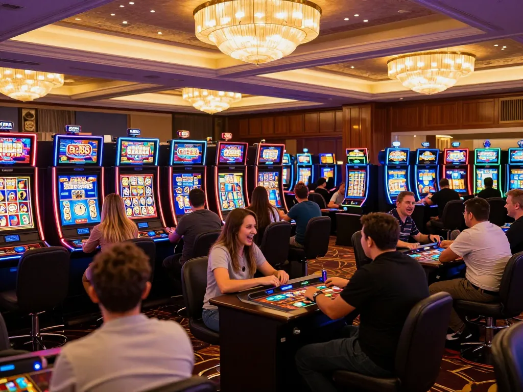 Players engaging at Ee88 casino, vibrant slot machines and exciting atmosphere.