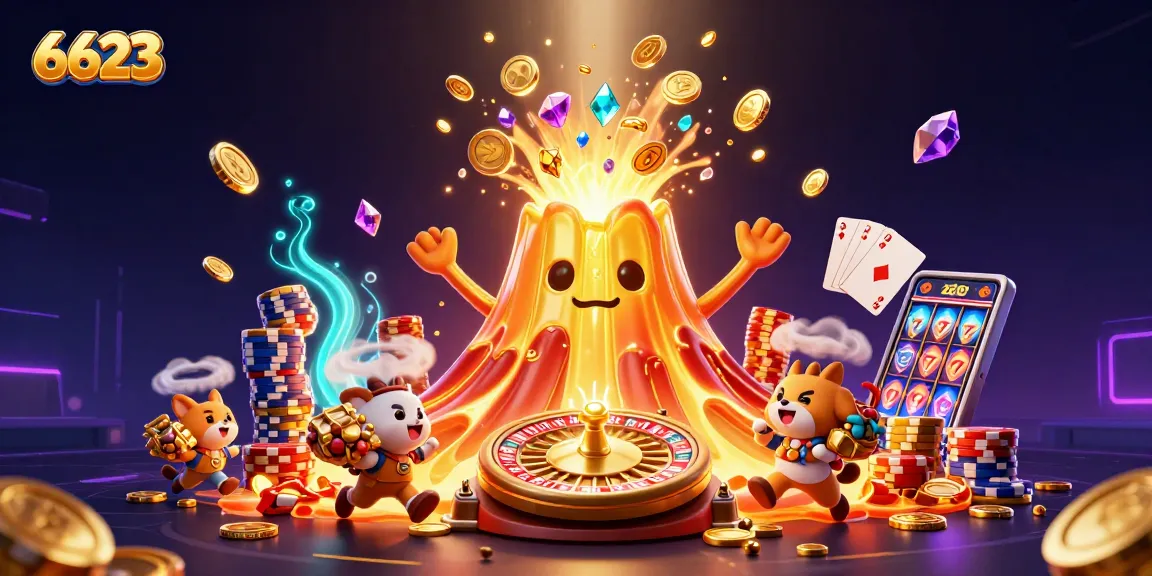 Engage in thrilling gameplay at 6623, featuring a golden volcano and treasures cascading in a vibrant casino scene.