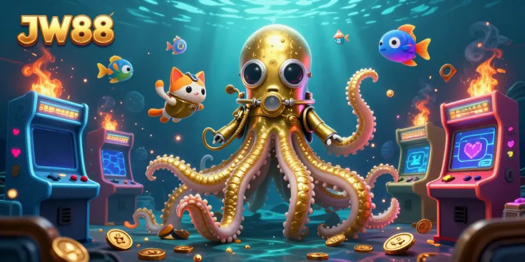 Embark on thrilling gaming adventures at JW88 with a vibrant underwater casino scene featuring a colossal kraken and a diving cat.