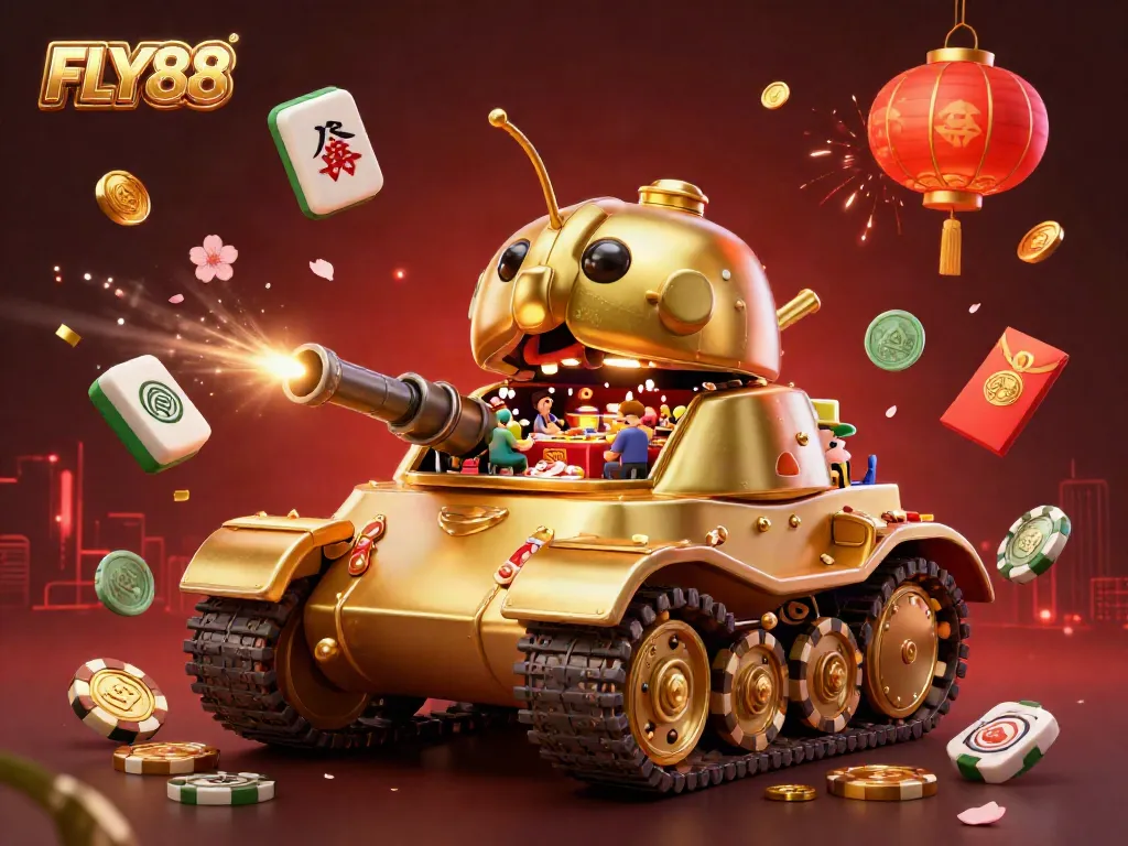 FLY88 brings excitement to casino gaming with a dynamic 3D illustration featuring a golden beetle tank and casino elements.