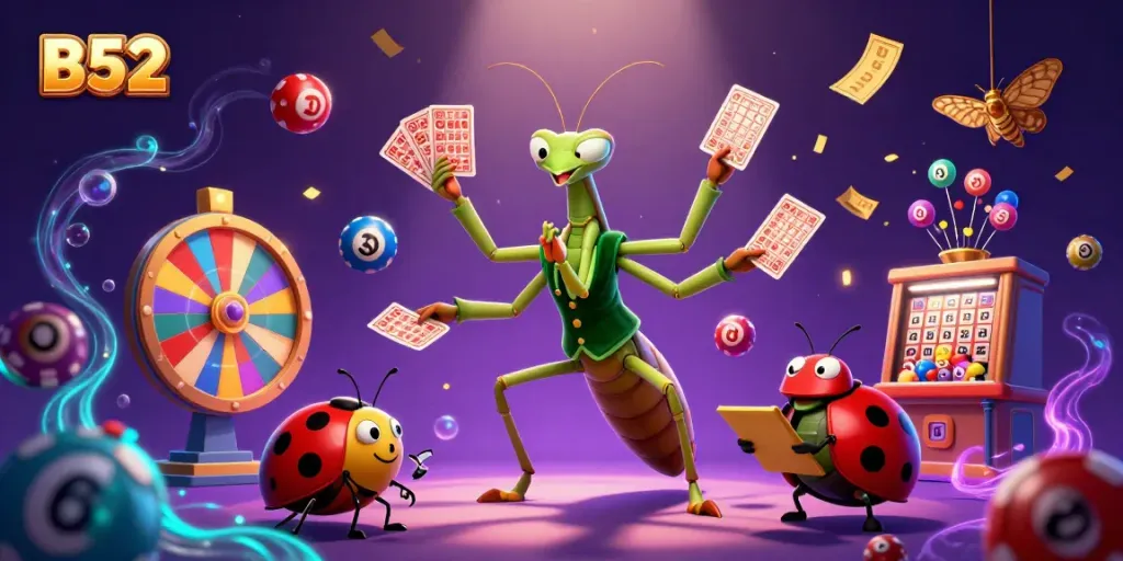 B52-themed illustration showcasing a giant praying mantis card sharp and a ladybug pit boss in a vibrant casino setting.