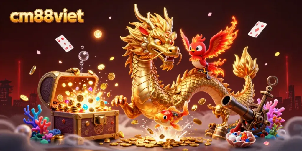 Experience thrilling gaming adventures at cm88viet with a golden dragon and vibrant slot elements!