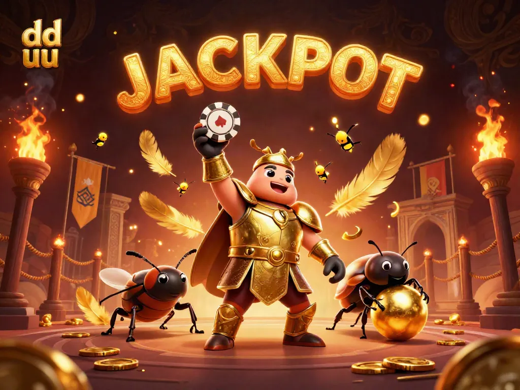 Experience winning at dd uu with a vibrant 3D illustrated scene showcasing a victorious beetle character surrounded by casino elements.
