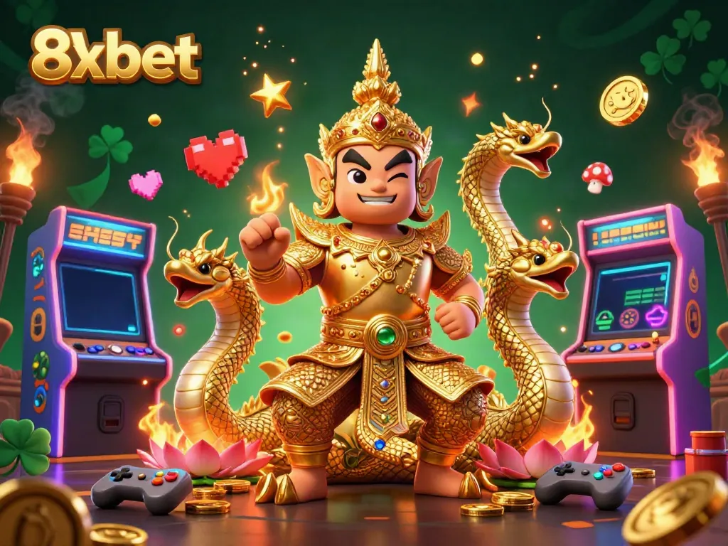 Engage in thrilling gameplay with 8xbet, featuring vibrant 3D casino characters and gaming elements.