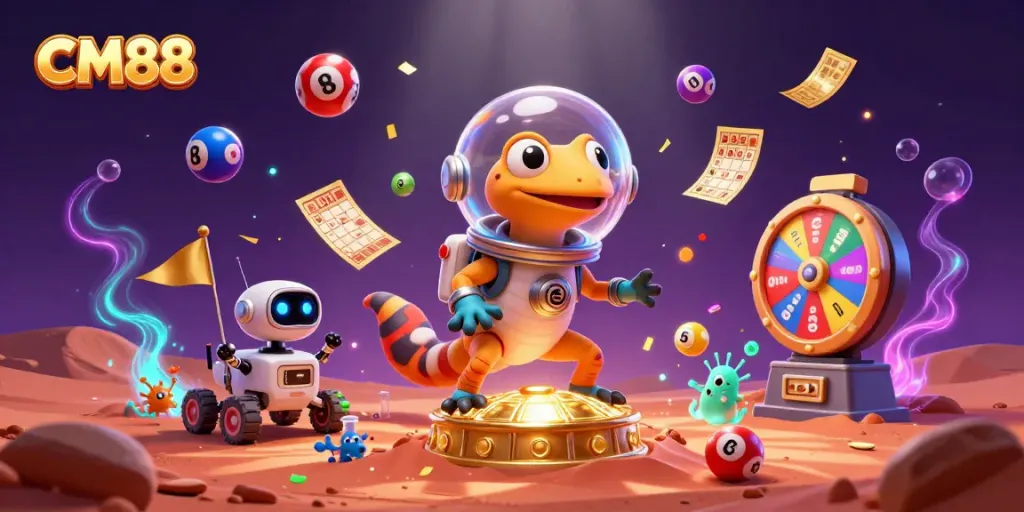 CM88 highlights an adventurous Martian gecko in a vibrant casino scene filled with dynamic game elements.