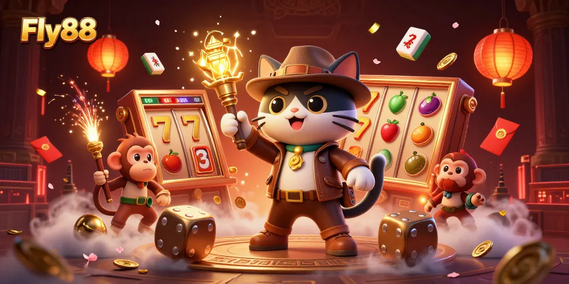 Experience the thrilling world of Fly88 with a cartoon cat and monkey in a vibrant casino adventure.