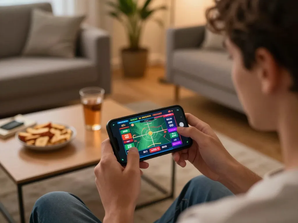 TG88 user engaged in dynamic online sports betting with smartphone displaying live game stats.