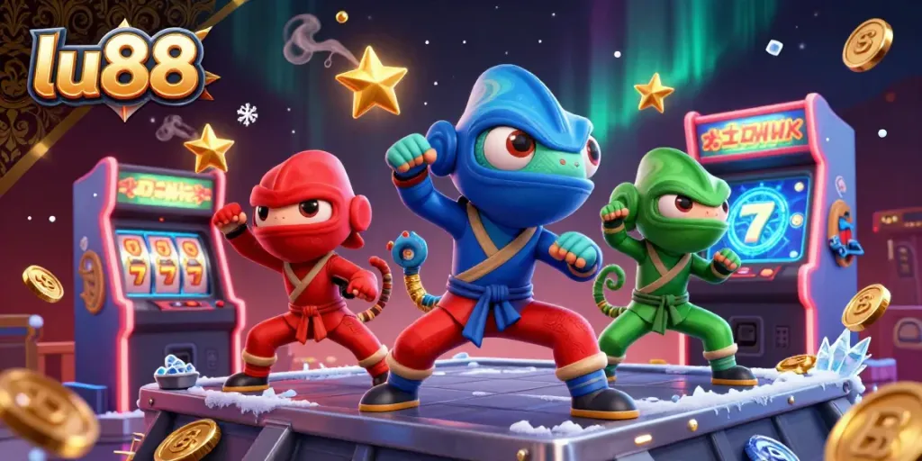 Experience the thrill of lu88 with a vibrant 3D illustration of chameleon ninjas amidst exciting casino elements.