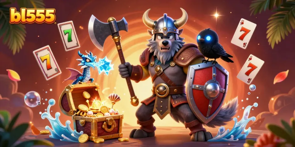 Engage with bl555 in a vibrant scene featuring a wolf warrior, dragon, and cartoon raven amidst slot machine elements.