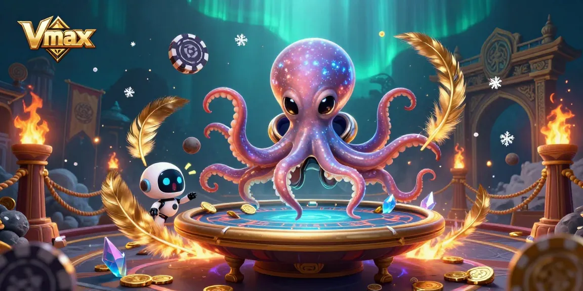 Vmax offers immersive gaming features with an alien octopus at a poker table in galactic settings.
