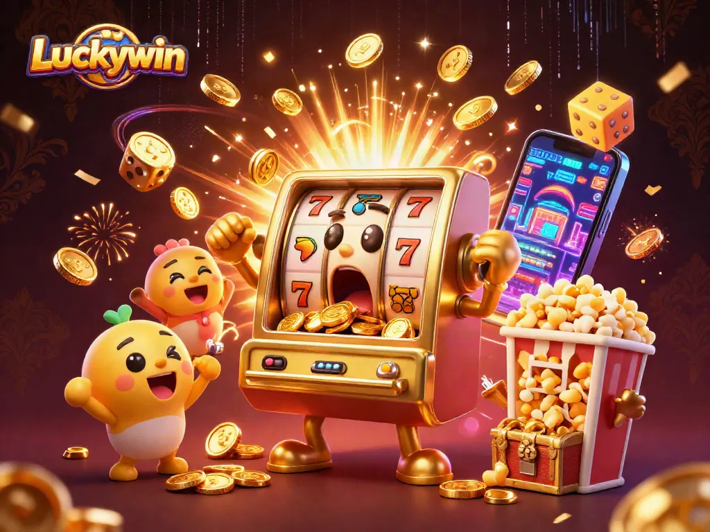 Experience dynamic gameplay at Luckywin with vibrant illustrations of a joyful slot machine hitting a jackpot surrounded by cheerful friends.