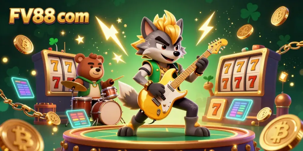 Experience the thrilling scenes of FV88 com as a rock star wolf shreds on guitar with vibrant casino elements.