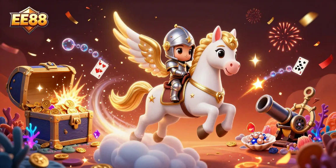 Experience thrilling wins at EE88 with a dynamic 3D casino-themed illustration showcasing vibrant gaming action.