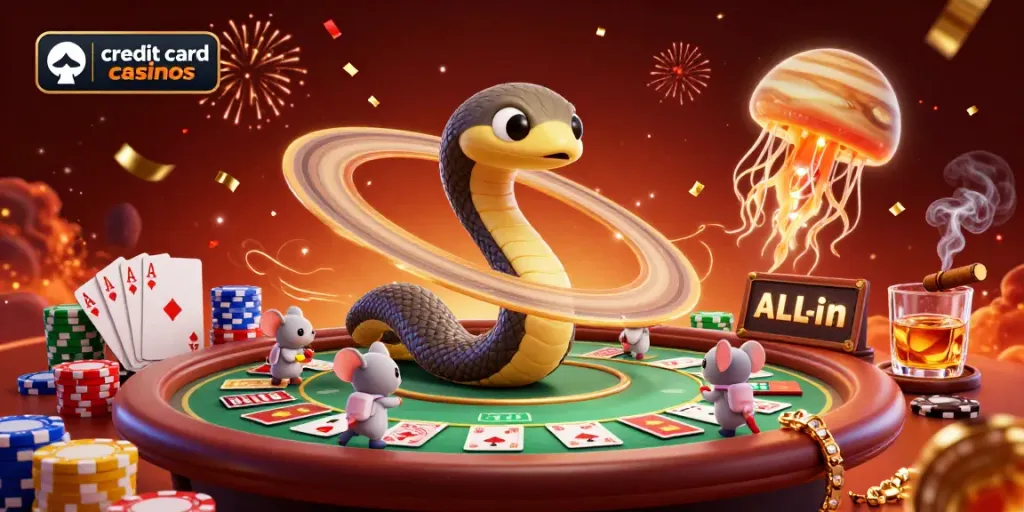 Engaging scene with tiny astronaut mice betting at credit card casinos under a cosmic dealer jellyfish.