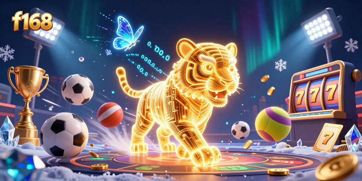 Experience thrilling casino action with f168's dynamic digital landscape filled with sports elements and a radiant tiger.